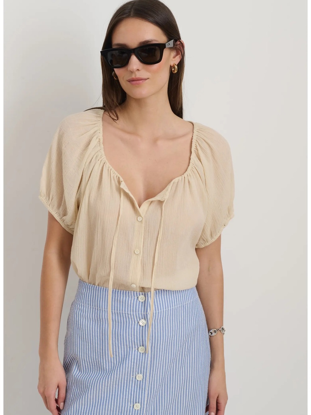 Alex Mill Light Beige Short-Sleeve Blouse - Women's Top M